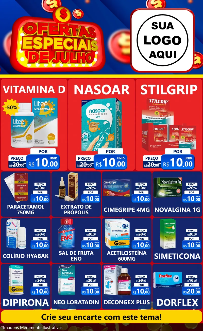 Modelo de Encarte para Encarte Grande com o tema Ofertas Especiais de Julho para Farmácia