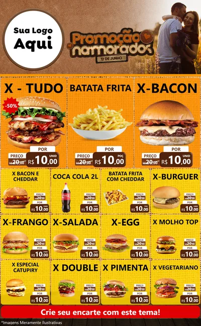 Modelo de Encarte para Encarte Grande com o tema Promoção Namorados para Hamburgueria