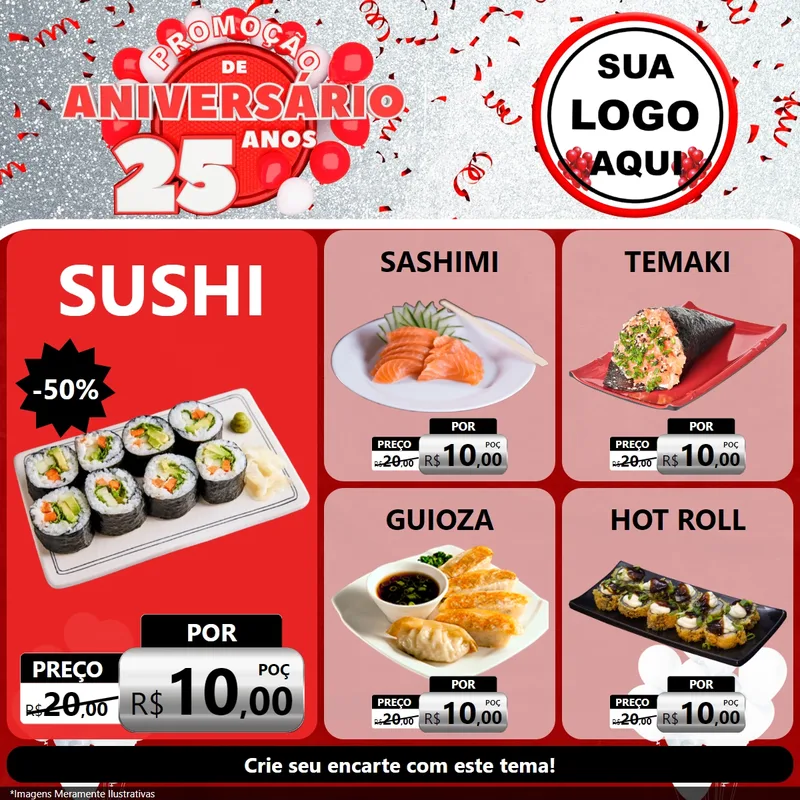 Modelo de Rede Social para Feed Facebook com o tema Promoção de Aniversário - 25Anos para Comida japonesa