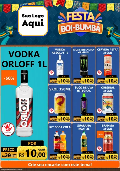 Modelo de Encarte para Encarte A4 Vertical com o tema Festa Boi Bumbá para Distribuidora de bebidas