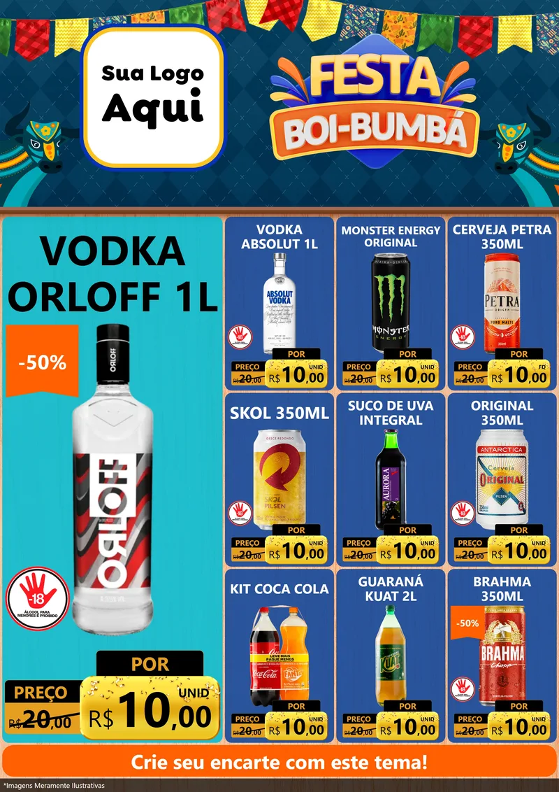 Modelo de Encarte para Encarte A4 Vertical com o tema Festa Boi Bumbá para Distribuidora de bebidas