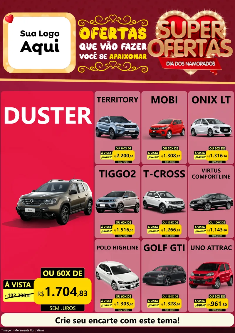 Modelo de Encarte para Encarte A4 Vertical com o tema Dia dos Namorados para Concessionaria de Carros