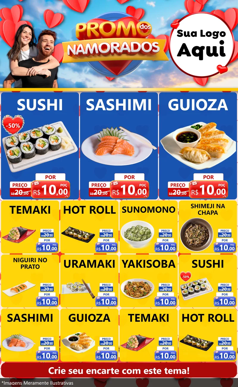 Modelo de Encarte para Encarte Grande com o tema Promo dos Namorados para Comida japonesa