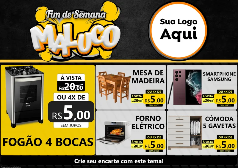 Modelo de Encarte para Encarte A4 Horizontal com o tema Fim de Semana Maluco para Móveis e Eletro