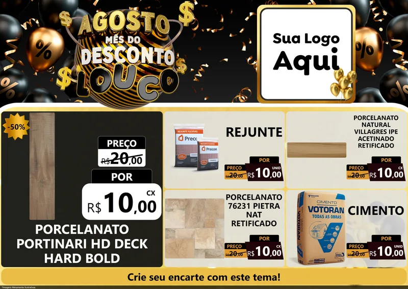 Modelo de Encarte para Encarte A4 Horizontal com o tema Agosto Mês do Desconto Louco para Pisos e revestimentos