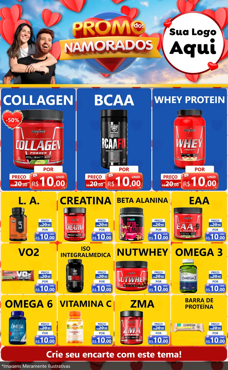 Modelo de Encarte para Encarte Grande com o tema Promo dos Namorados para Suplementos alimentares