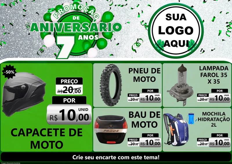 Modelo de Encarte para Encarte A4 Horizontal com o tema Promoção de Aniversário - 7 Anos para Moto peças