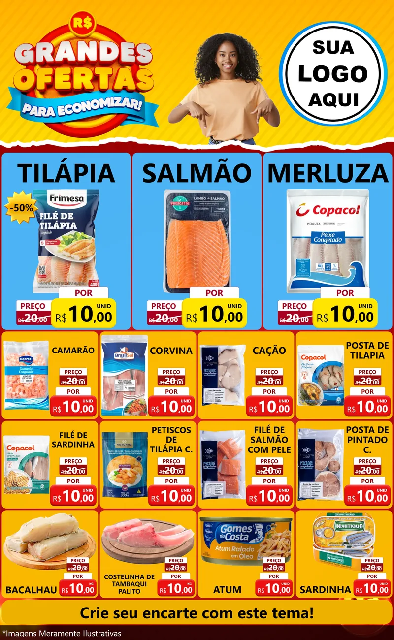 Modelo de Encarte para Encarte Grande com o tema Grandes Ofertas Para Economizar! para Peixaria