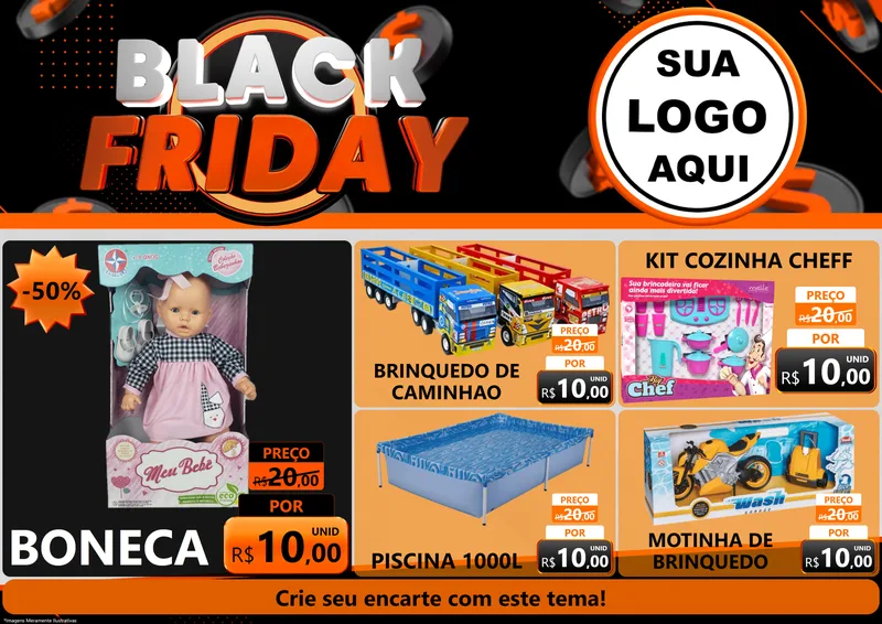 Modelo de Encarte para Encarte A4 Horizontal com o tema Black Friday para Brinquedos