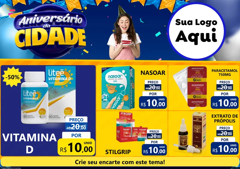 Modelo de Encarte para Encarte A4 Horizontal com o tema Aniversário da Cidade para Farmácia