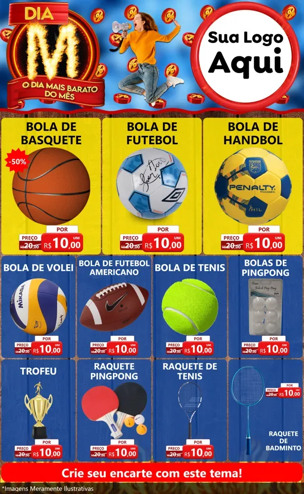 Modelo de Encarte para Encarte Grande com o tema Dia M - O Dia Mais Barato Do Mês para Artigos Esportivos