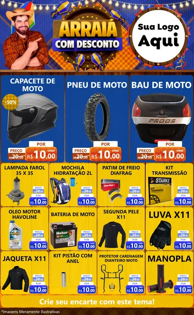 Modelo de Encarte para Encarte Grande com o tema Arraiá Com Desconto para Moto peças