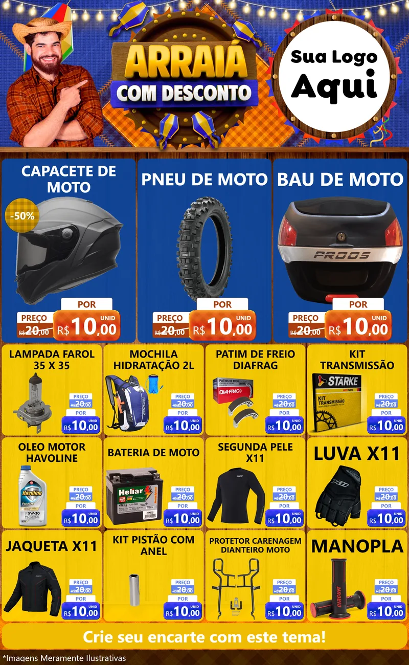 Modelo de Encarte para Encarte Grande com o tema Arraiá Com Desconto para Moto peças