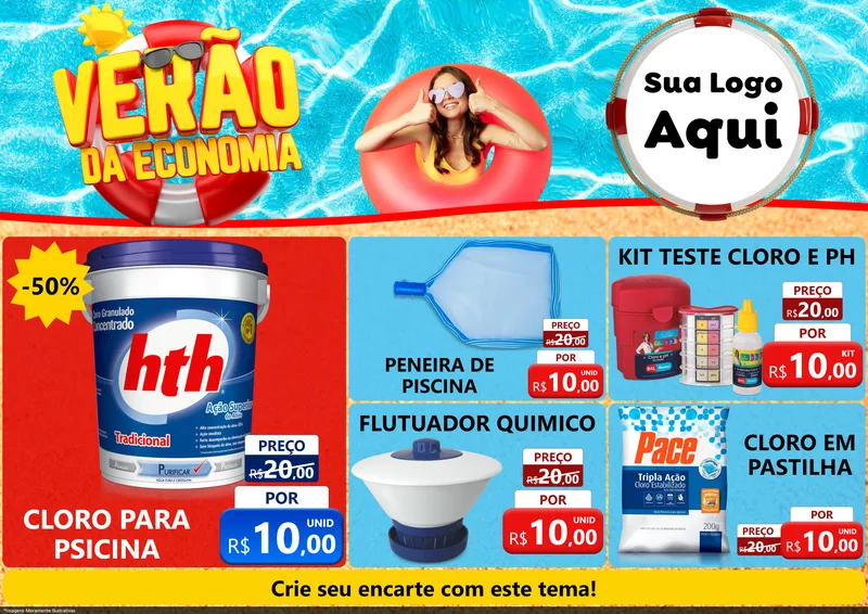 Modelo de Encarte para Encarte A4 Horizontal com o tema Verão da Economia para Produtos para Piscina
