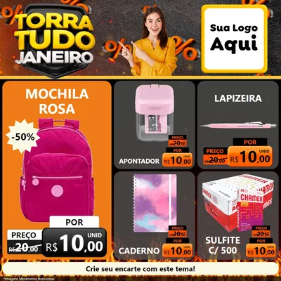 Modelo de Rede Social para Feed Facebook com o tema Torra Tudo Janeiro para Papelaria