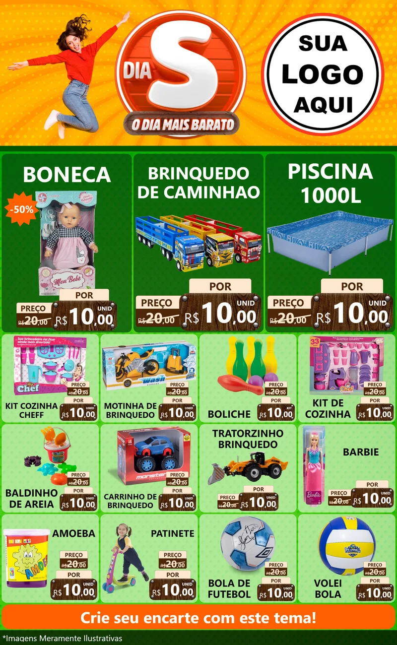 Modelo de Encarte para Encarte Grande com o tema Dia S - O Dia Mais Barato para Brinquedos