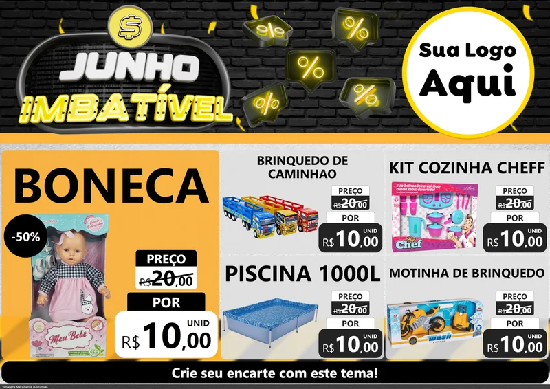 Modelo de Encarte para Encarte A4 Horizontal com o tema Junho Imbatível para Brinquedos