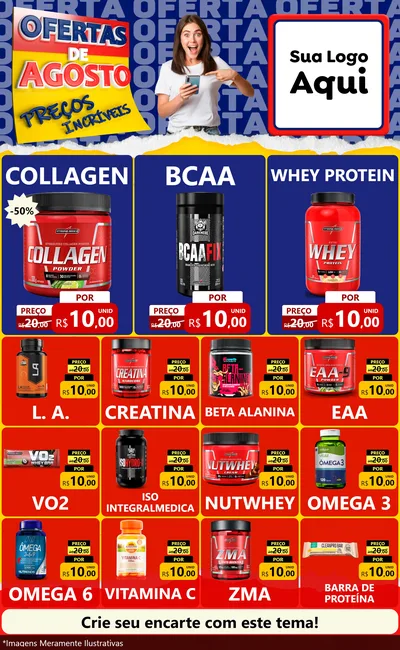 Modelo de Encarte para Encarte Grande com o tema Ofertas de Agosto - Preços Incríveis para Suplementos alimentares