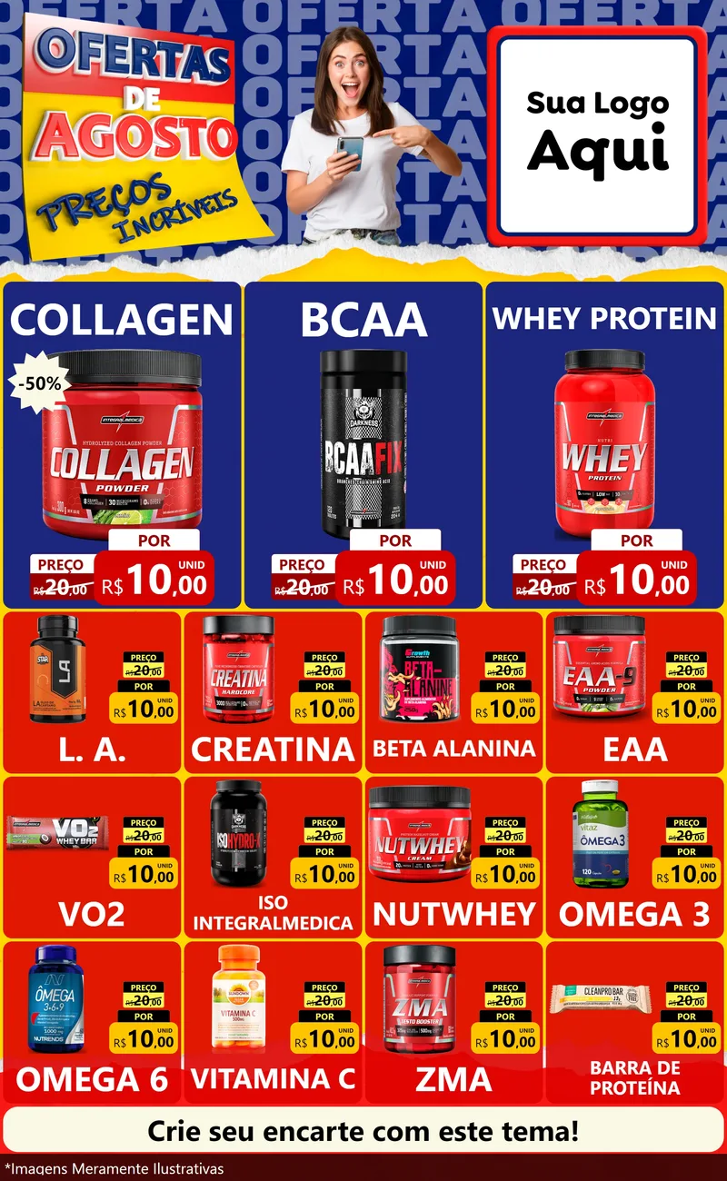 Modelo de Encarte para Encarte Grande com o tema Ofertas de Agosto - Preços Incríveis para Suplementos alimentares