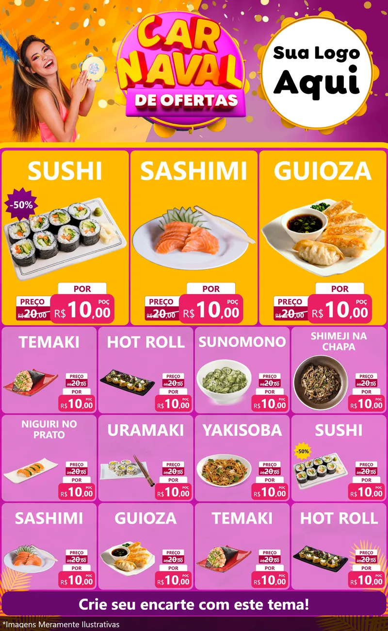 Modelo de Encarte para Encarte Grande com o tema Carnaval de Ofertas para Comida japonesa