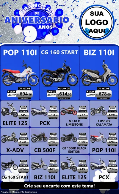 Modelo de Encarte para Encarte Grande com o tema Promoção de Aniversário - 9 Anos para Concessionaria de Motos