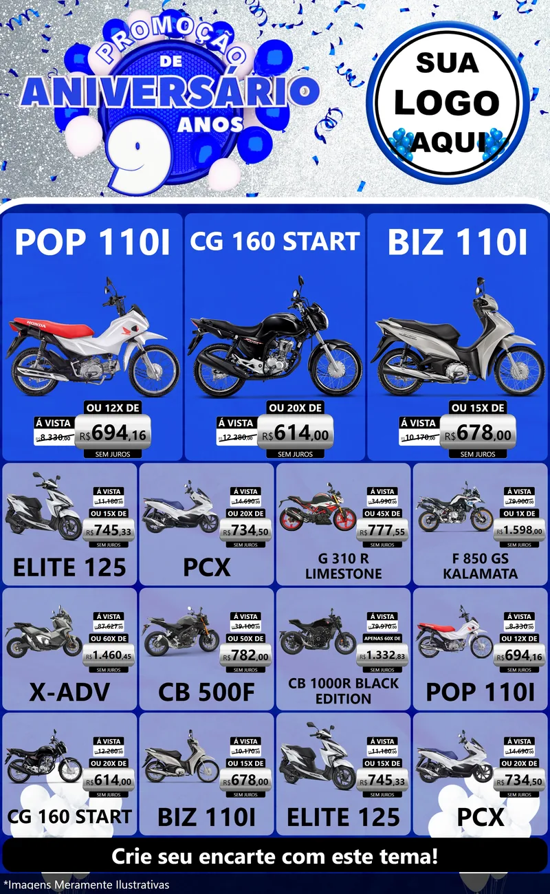 Modelo de Encarte para Encarte Grande com o tema Promoção de Aniversário - 9 Anos para Concessionaria de Motos