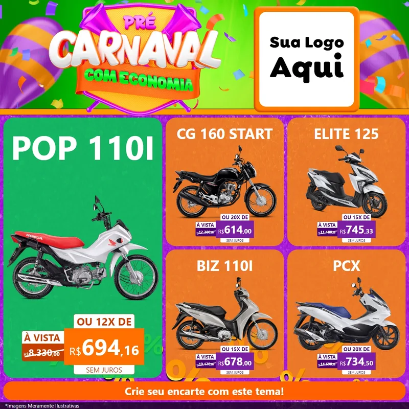 Modelo de Rede Social para Feed Facebook com o tema Pré-Carnaval Com Economia para Concessionaria de Motos