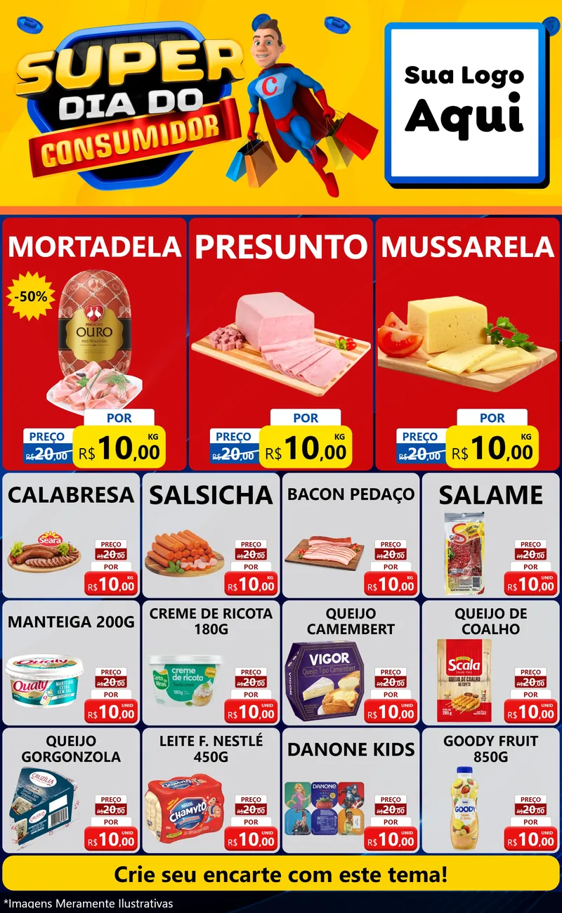 Modelo de Encarte para Encarte Grande com o tema Super Dia do Consumidor para Frios e Laticínios
