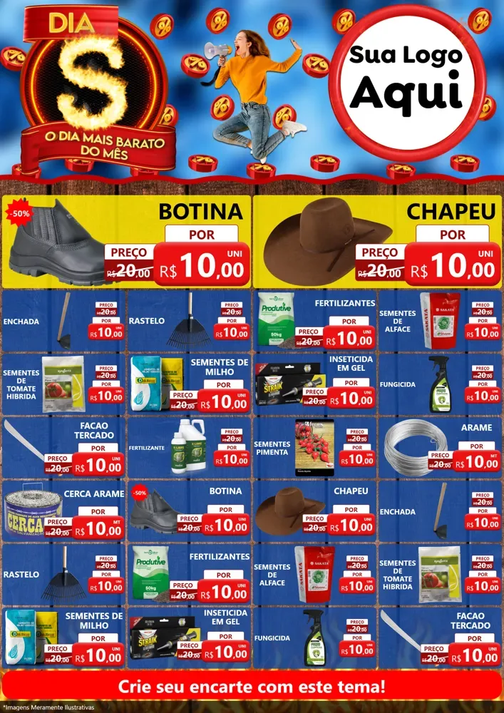 Modelo de Encarte para Encarte A4 Vertical com o tema Dia S - O Dia Mais Barato Do Mês para Agropecuária