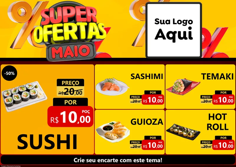 Modelo de Encarte para Encarte A4 Horizontal com o tema Super Ofertas Maio para Comida japonesa