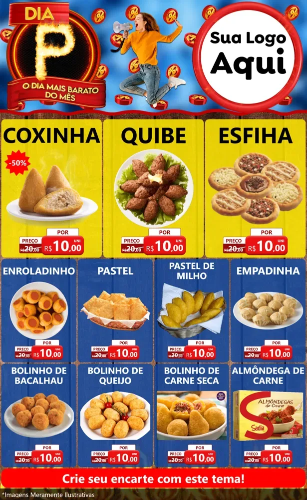 Modelo de Encarte para Encarte Grande com o tema Dia P - O Dia Mais Barato Do Mês para Salgadaria