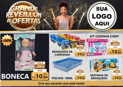 Modelo de Encarte para Encarte A4 Horizontal com o tema Grande Réveillon de Ofertas para Brinquedos