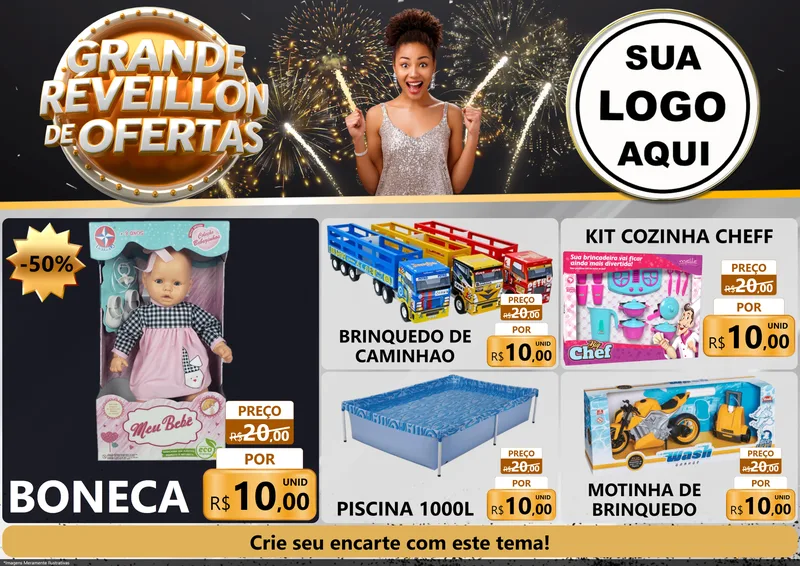 Modelo de Encarte para Encarte A4 Horizontal com o tema Grande Réveillon de Ofertas para Brinquedos