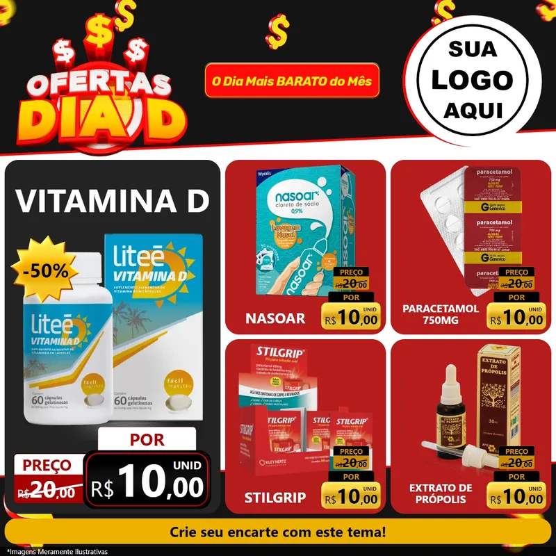 Modelo de Rede Social para Feed Facebook com o tema Ofertas Dia D para Farmácia