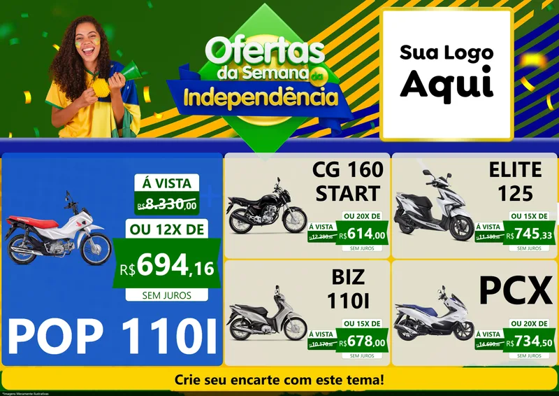 Modelo de Encarte para Encarte A4 Horizontal com o tema Ofertas da Semana da Independência para Concessionaria de Motos