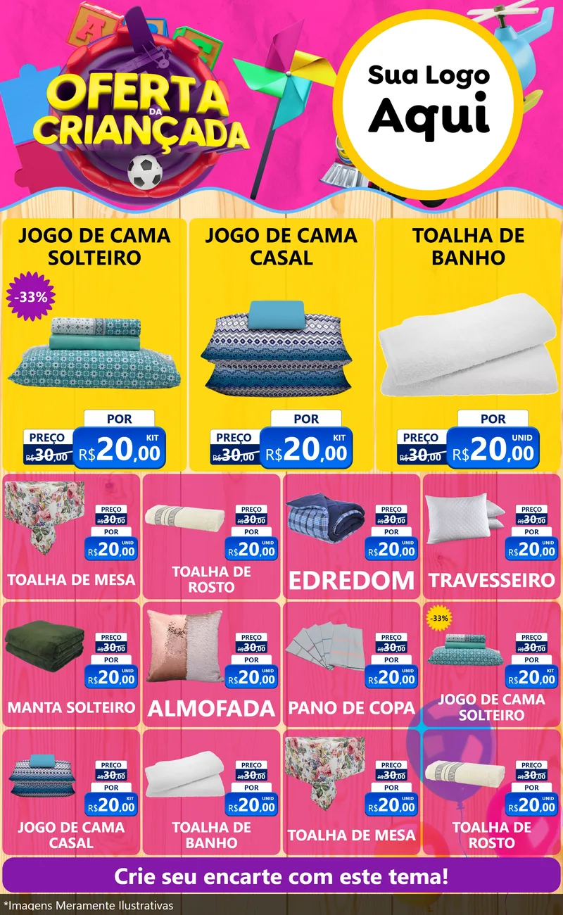 Modelo de Encarte para Encarte Grande com o tema Oferta da Criançada para Cama, Mesa e Banho