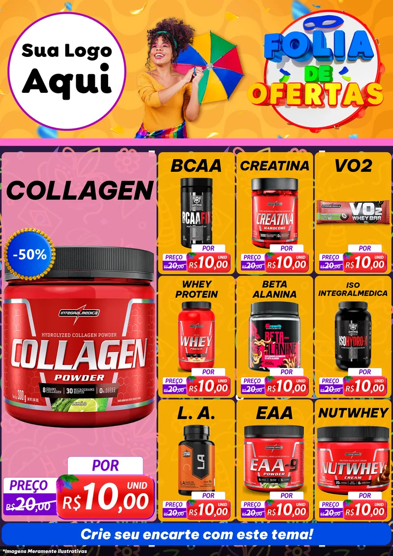 Modelo de Encarte para Encarte A4 Vertical com o tema Folia de Ofertas para Suplementos alimentares