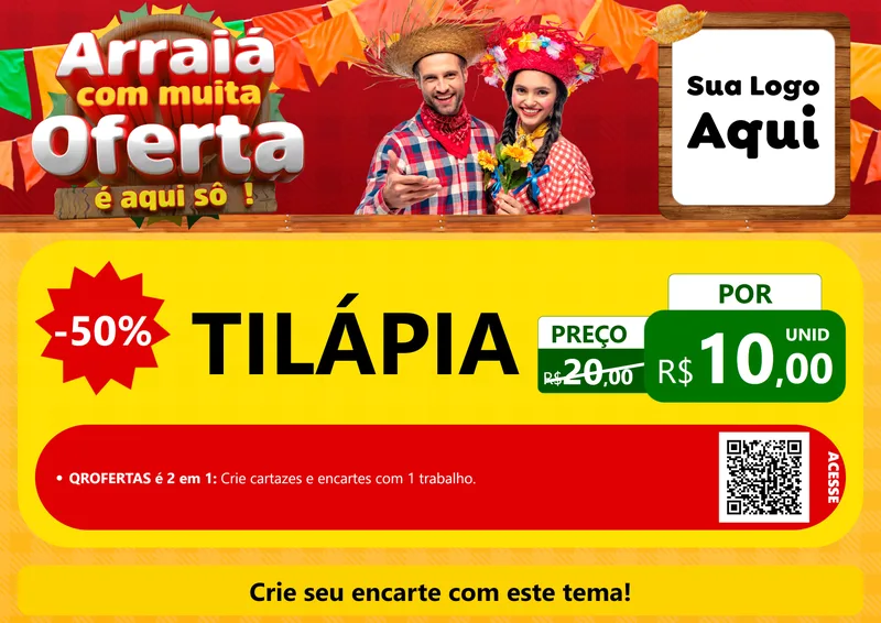 Modelo de Cartaz para Cartaz A4 Horizontal com o tema Arraiá Com Muita Oferta - É Aqui Sô! para Peixaria
