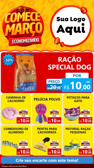 Modelo de Rede Social para Stories com o tema Comece Março Economizando para Pet Shop