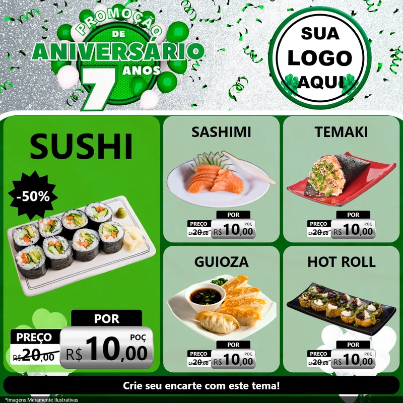 Modelo de Rede Social para Feed Facebook com o tema Promoção de Aniversário - 7 Anos para Comida japonesa