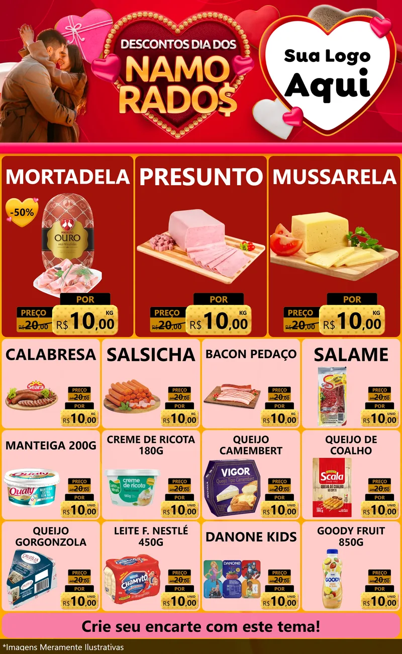 Modelo de Encarte para Encarte Grande com o tema Descontos Dia dos Namorados para Frios e Laticínios