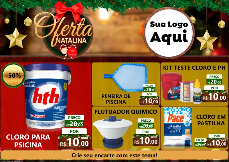 Modelo de Encarte para Encarte A4 Horizontal com o tema Ofertas Natalina para Produtos para Piscina
