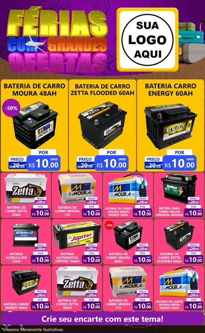 Modelo de Encarte para Encarte Grande com o tema Férias com Grandes Ofertas para Baterias Elétricas