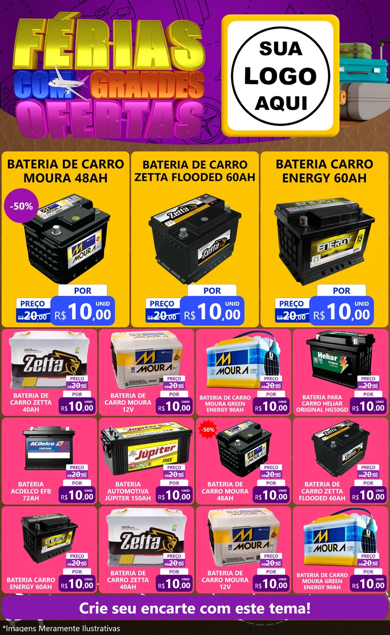 Modelo de Encarte para Encarte Grande com o tema Férias com Grandes Ofertas para Baterias Elétricas