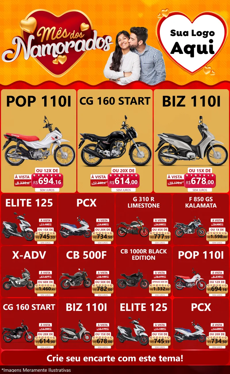 Modelo de Encarte para Encarte Grande com o tema Mês dos Namorados para Concessionaria de Motos