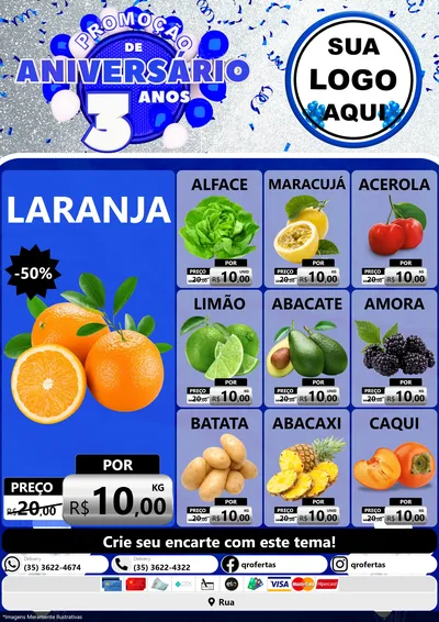Modelo de Encarte para Encarte A4 Vertical com o tema Promoção de Aniversário - 3 Anos para Hortifrúti