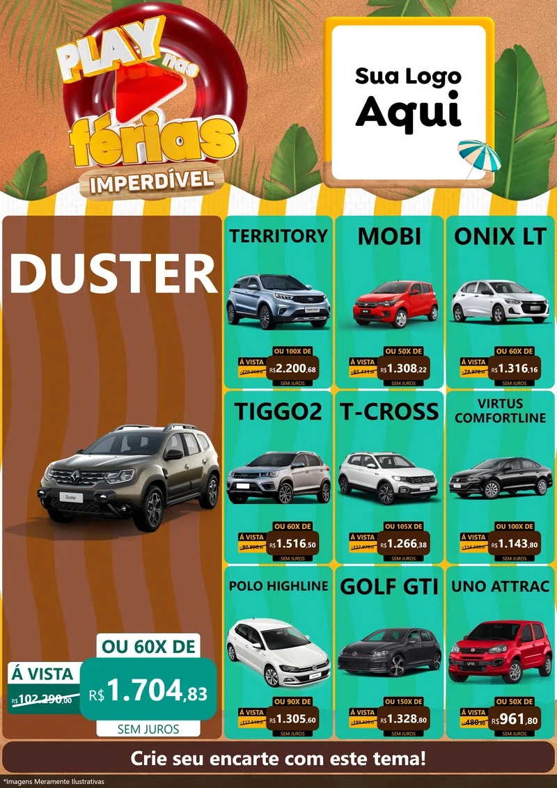 Modelo de Encarte para Encarte A4 Vertical com o tema Play Nas Férias Imperdível para Concessionaria de Carros