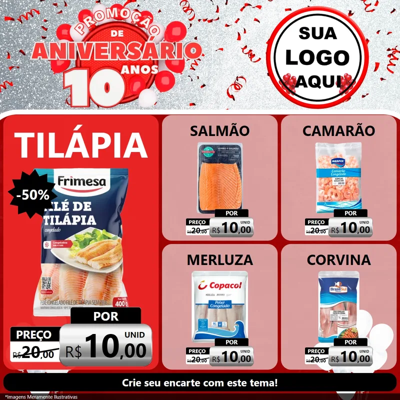 Modelo de Rede Social para Feed Facebook com o tema Promoção de Aniversário - 10 Anos para Peixaria
