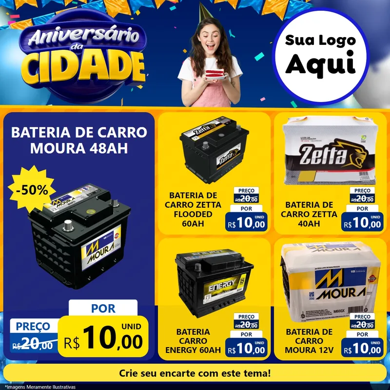 Modelo de Rede Social para Feed Facebook com o tema Aniversário da Cidade para Baterias Elétricas