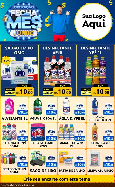Modelo de Encarte para Encarte Grande com o tema Operação Fecha Mês, Junho para Produtos de Limpeza